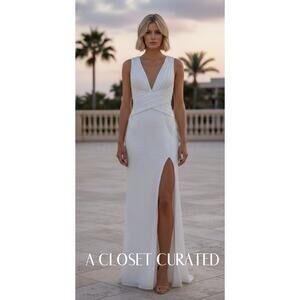 Mac Duggal V Neck Sequin Maxi Dress White 2 NWT Style 26598